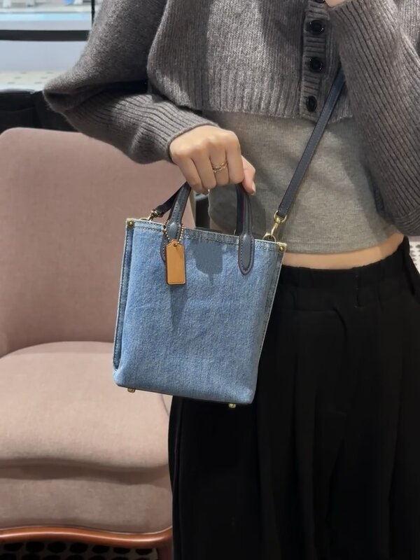 Mini sacola retrô estilo americano, bolsa crossbody feminina, bolsa jeans de lona azul, bolsa de balde pequena e fofa, bolsa de verão