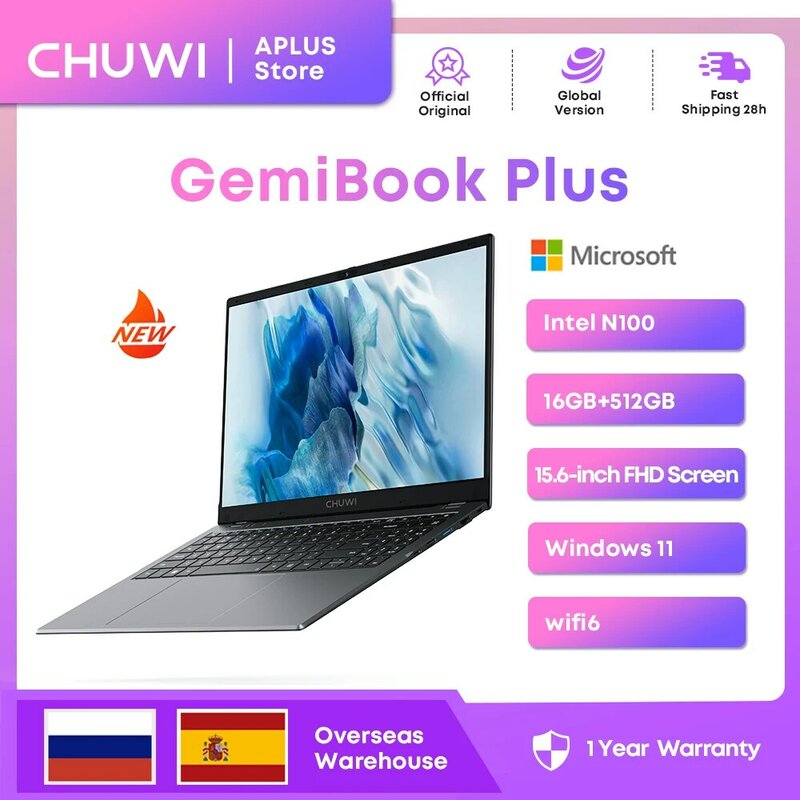 CHUWI GemiBook Plus Laptop Intel N100 grafika dla dwunastej generacji 1920*1080P 8GB pamięci RAM 256GB SSD 15.6 "IPS Notebook Windows 11 laptopów
