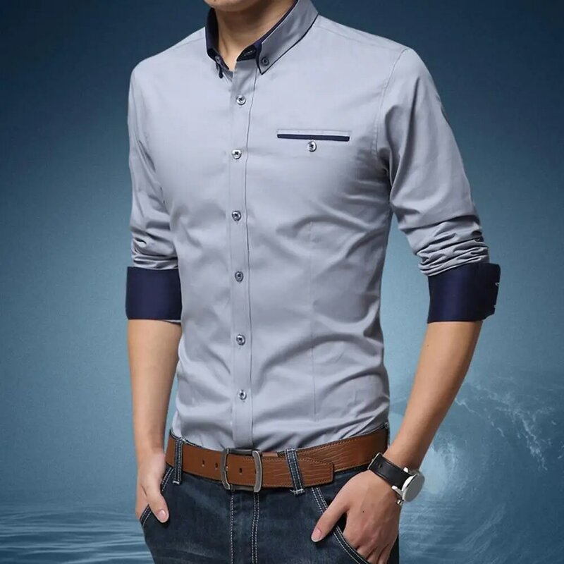 Рубашка мужская деловая с длинным рукавом, стильная удобная сорочка Slim Fit, однотонная дышащая офисная одежда, весна-осень