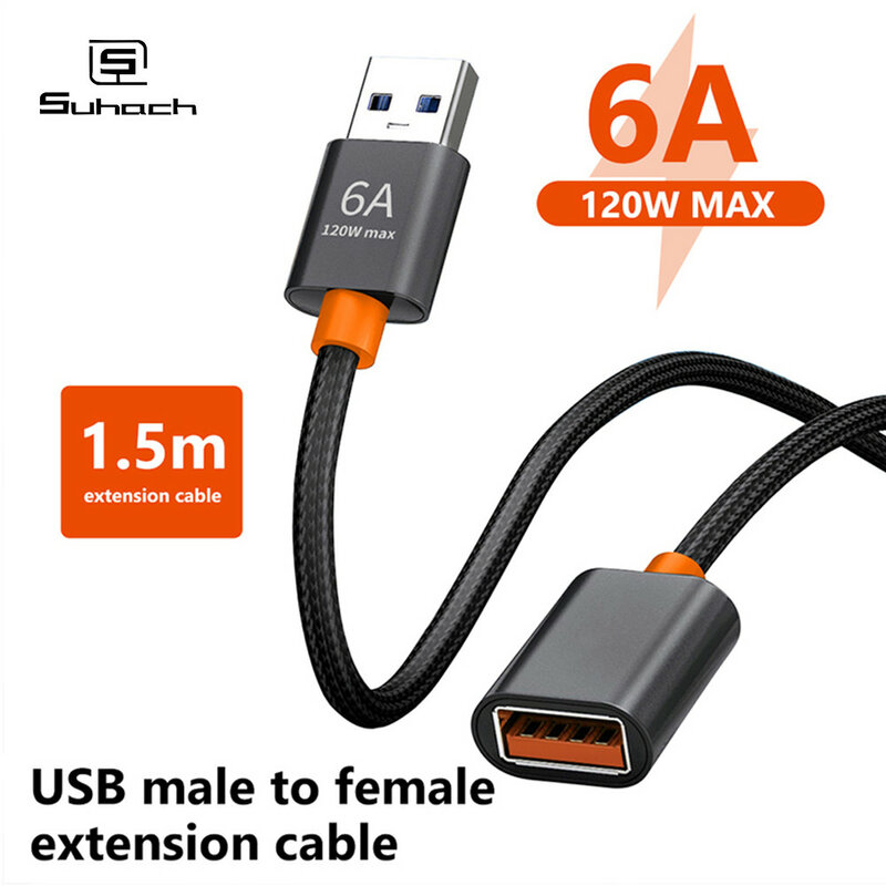 Cable de extensión USB 2,0 a, Extensor de 6A a USB, carga rápida para Smart TV, PS4, Xbox One, SSD, Cable de datos para ordenador portátil