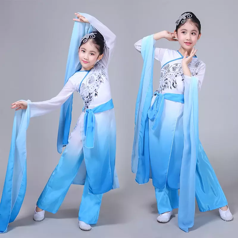 ازياء رقص يانغكو للأطفال ، ازياء الرقص الكلاسيكي ، مظلة مروحة الأكمام ، الفتيات ممارسة الملابس ، النمط الصيني