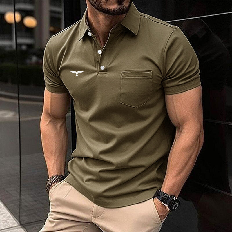 Camisa polo masculina com bolso de lapela, slim fit, manga curta, moda esportiva, verão