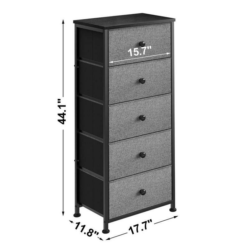 Vertical Narrow Metal Tower Dresser w/ 5 Fabric Drawer Bins, Light Grey