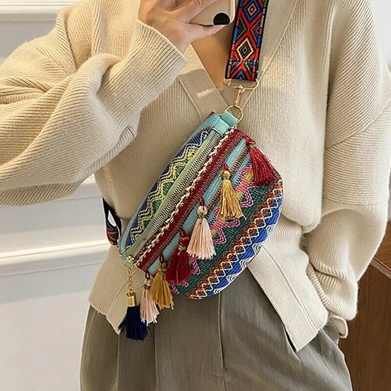 Women Folk Style Waist Bags with Adjustable Strap Variegated Color Fanny Pack with Fringe Decor Pochete Feminina Riñonera Belt