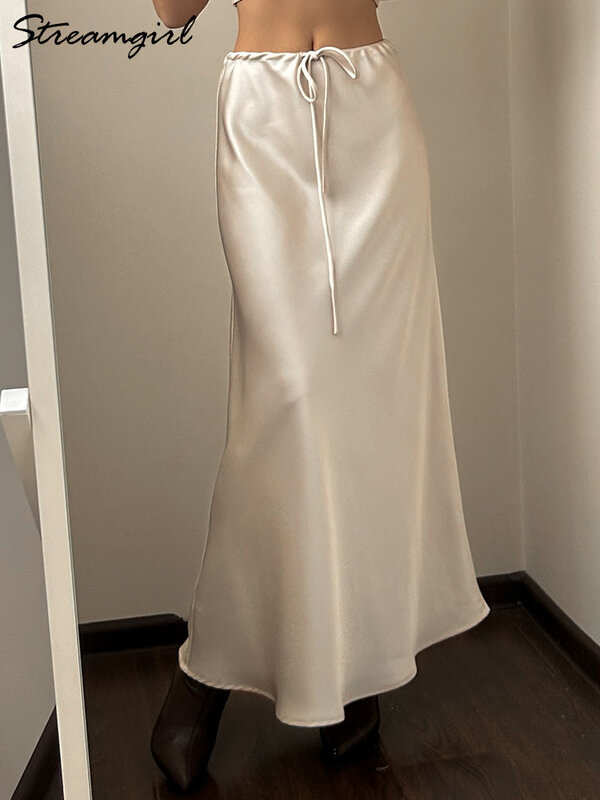 Streamgirl-faldas largas de satén para mujer, faldas elegantes de cintura alta, color Beige, con cordones de seda, color negro, 2024
