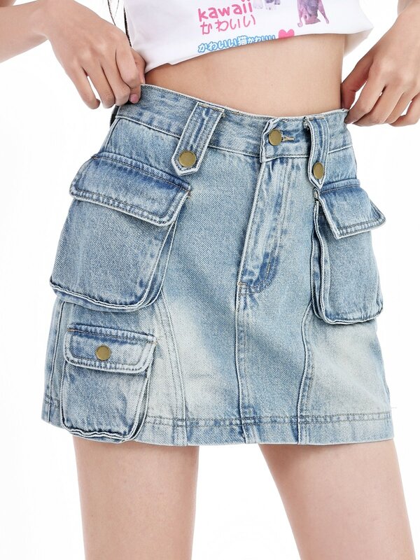ZHISILAO-Mini saia jeans vintage feminina, cintura alta, jeans reto, bolso, novo, verão, 2022
