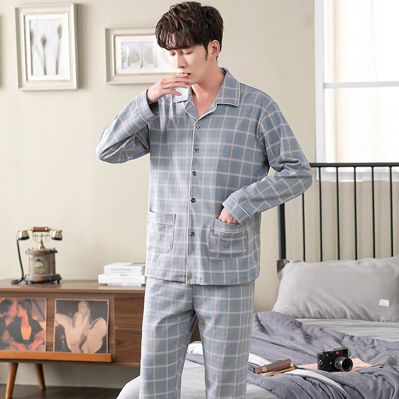 Fashion Autumn Men Pajamas Home Clothing Long Sleeve Long Pants Pyjamas Sleepwear Male Full Cotton Sleep Lounge Wear M-4XL