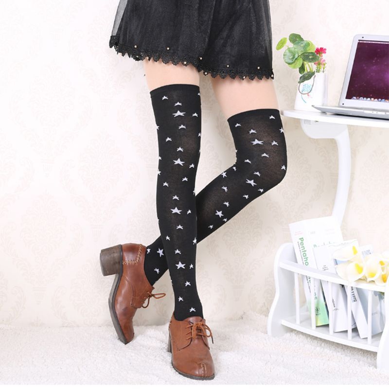 Calcetines largos hasta rodilla estilo pijo japonés para mujer y niña, estampado estrellas y lunares, elásticos