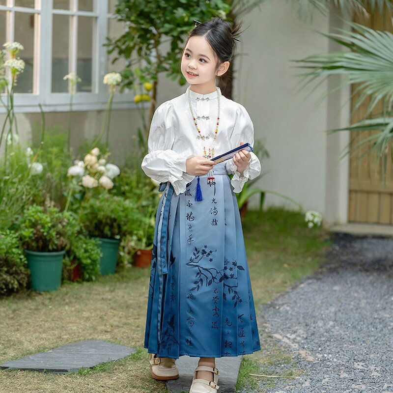 Falda de cara de caballo de estilo chino para niñas, traje Tang para niños, conjunto Hanfu, vestido de actuación antigua, falda para niños y mujeres