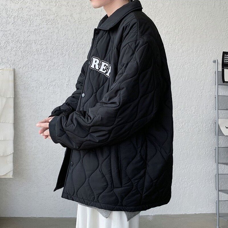남성용 마름모 격자 무늬 면 패딩 재킷, 남성 트렌디 캐주얼, 라지 사이즈, 단색 코트, 겨울 기모, 두껍고 따뜻한 외투