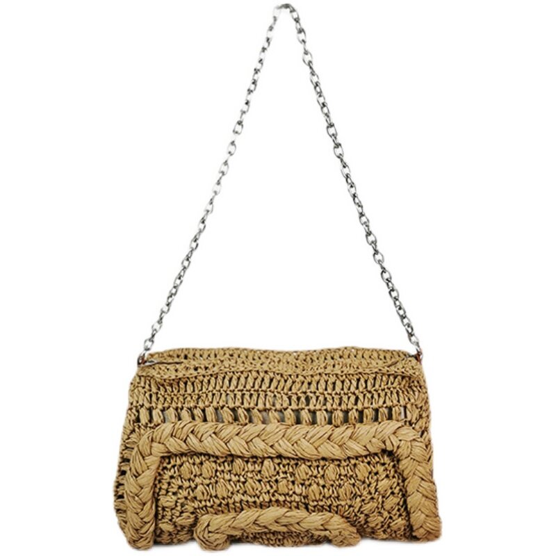 New Soft Woven Straw Beach Bag Handmade Women Casual Chain Shoulder Bag 2023 Summer Bohemian Beach Vocation Travel Envelope Bag