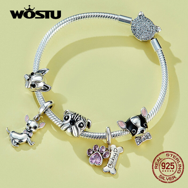 WOSTU Dog Charms 925 Sterling Silver Zirconia Animal Pooch Doggy Bulldog Beads Fit Original Bracelet Pendant DIY Jewelry