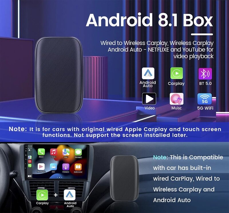 MINI Ai Box Wireless CarPlay Android Auto, untuk Netflix YouTube Android sistem tertutup untuk Lincoln Navigator Continental Nautilus