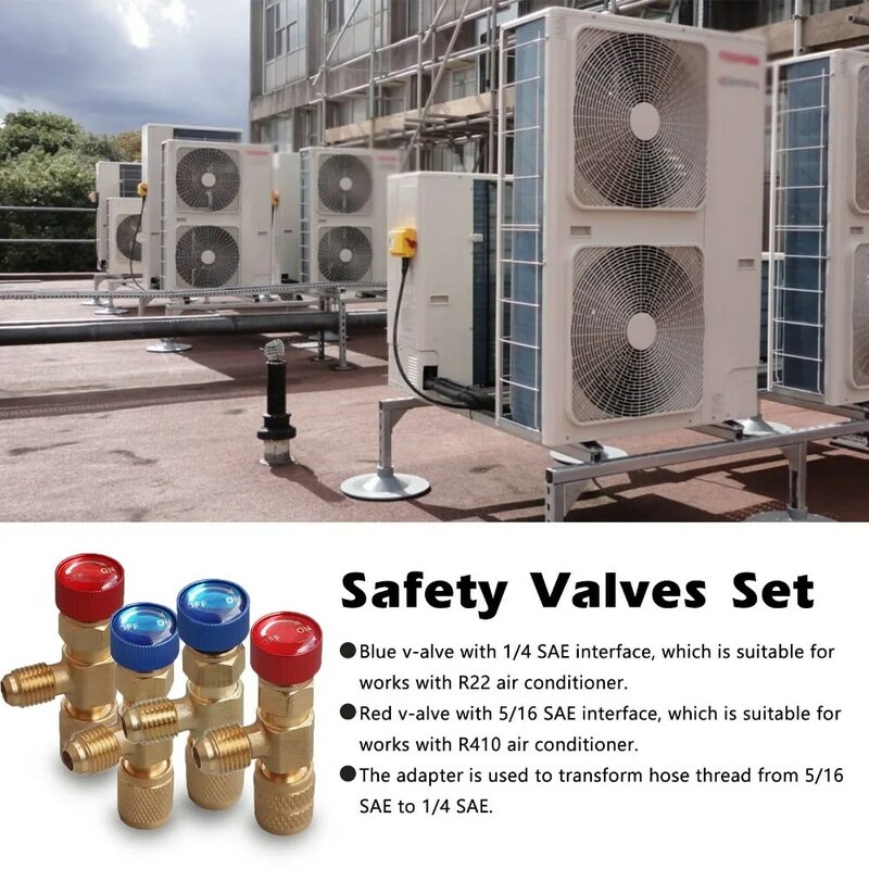 Válvula de seguridad de carga para refrigeración, adaptador de líquido de seguridad para aire acondicionado, 4/2/1 piezas, R410A, R22, 1/4 pulgadas
