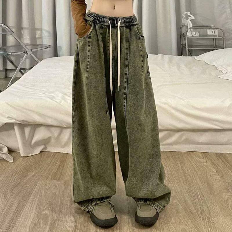 Unisex Denim Jeans Vintage Wide Leg Denim Jeans with Elastic Waist Crotch Pockets for Women Hop Streetwear Solid Color Pants