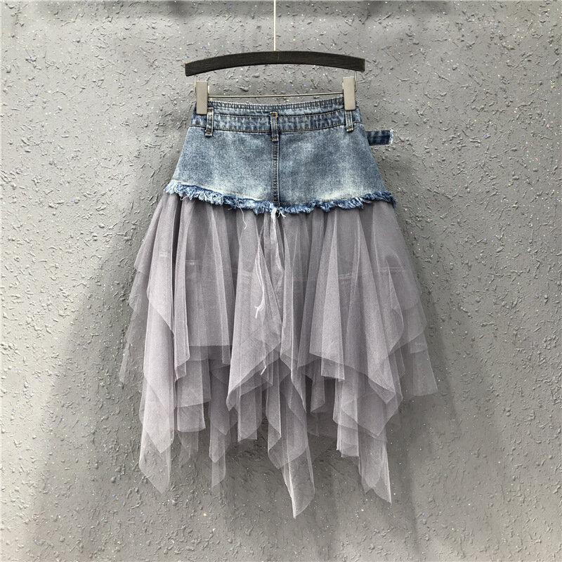 High Quality Women Denim Mesh Patchwork Lace Skirt High Waist A Line Asymmetric Frill Tulle Patchwork Gothic Chic Skirts Q878