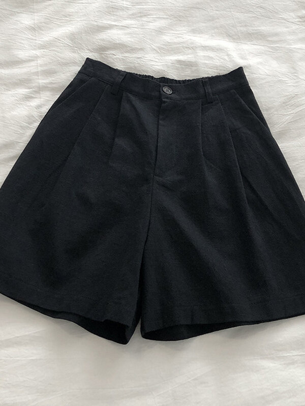Elegant Cotton Linen Shorts for Women 2024 Summer Basic Wide Leg Knee-length Shorts Classic Retro Slim High Waist Short Pants