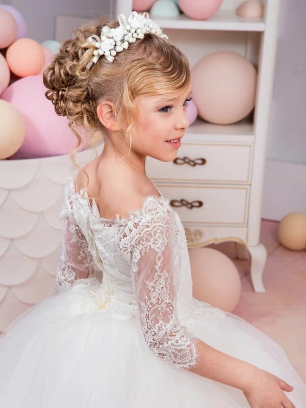 White Floral Applique Lace Flower Girl Dress Half Sleeve Tulle Banquet Formal Gowns Cute Princess First Communion Gown فساتين اط