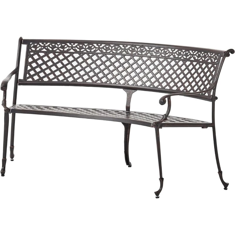 Ławka zewnętrzna, Sebastian antyczna aluminiowa ławka w kształcie wachlarza na zewnątrz, błyszcząca miedź, ławka na zewnątrz,