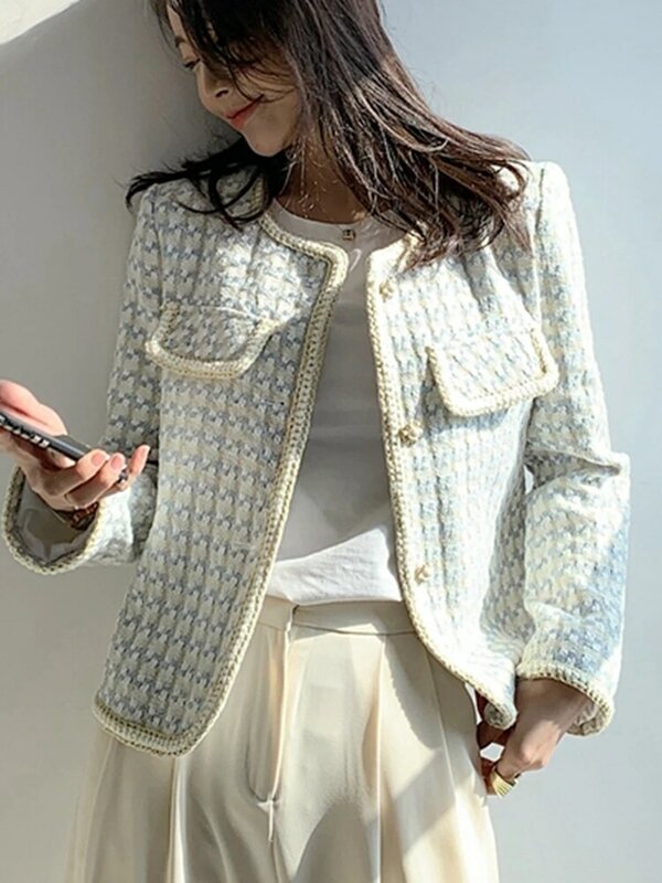 여성용 트위드 재킷, 프랑스 빈티지, 작은 향기, 캐주얼, 짧은 코트, 격자 무늬 겉옷, 봄 가을, 고품질
