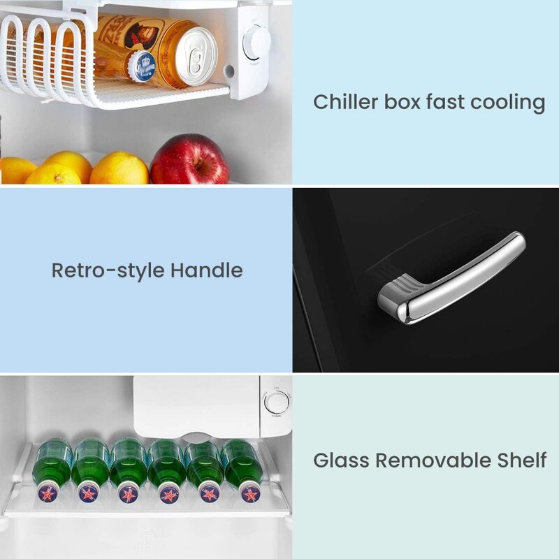 Refrigerador Retro individual de 1,6 pies cúbicos, aspecto elegante, caderas interiores, ahorro de energía, patas ajustables