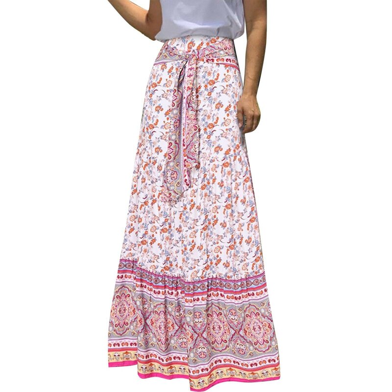 Saia com estampa floral feminina, estilo étnico retrô, cintura alta solta, tamanho grande, vestido meio longo para literatura e arte, verão