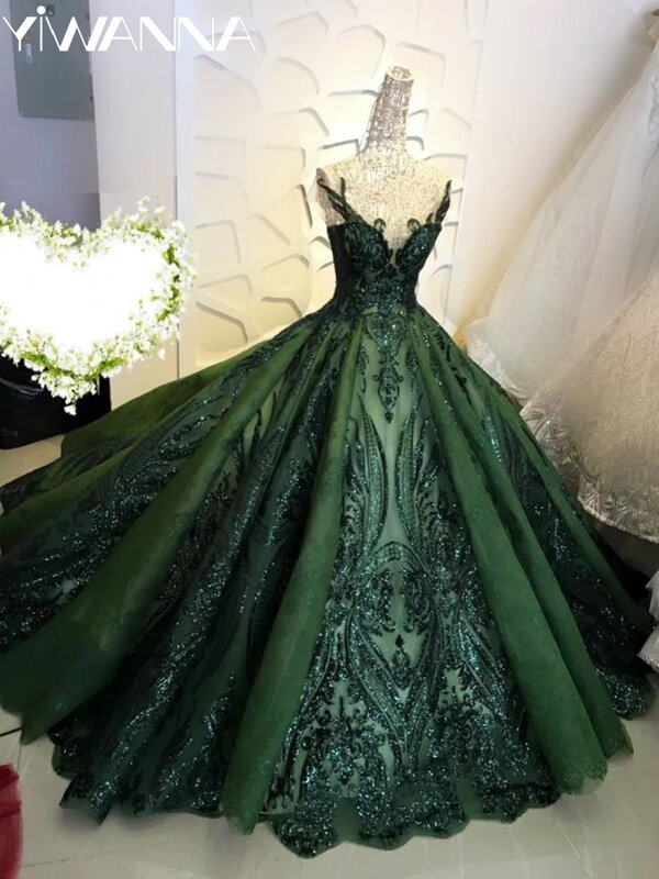 클래식 브이넥 민소매 퀸시네라 드레스, 반짝이는 스팽글 볼 가운, 그린 스위트 16 세 공주 원피스 드레스