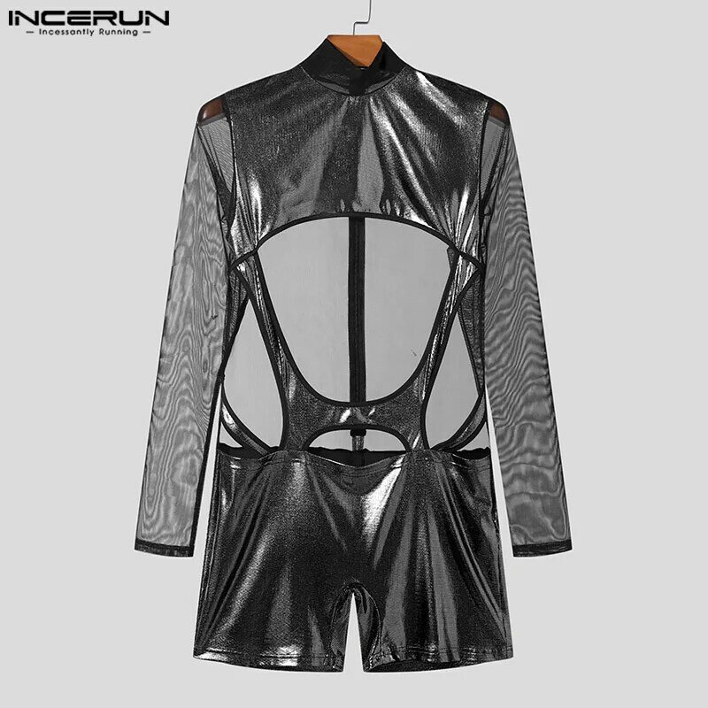 Fashion Casual Style Homewear IINCERUN 2024 Men's Flash Fabric Splicing Jumpsuits Sexy Long Sleeved Hollow Thin Bodysuits S-5XL
