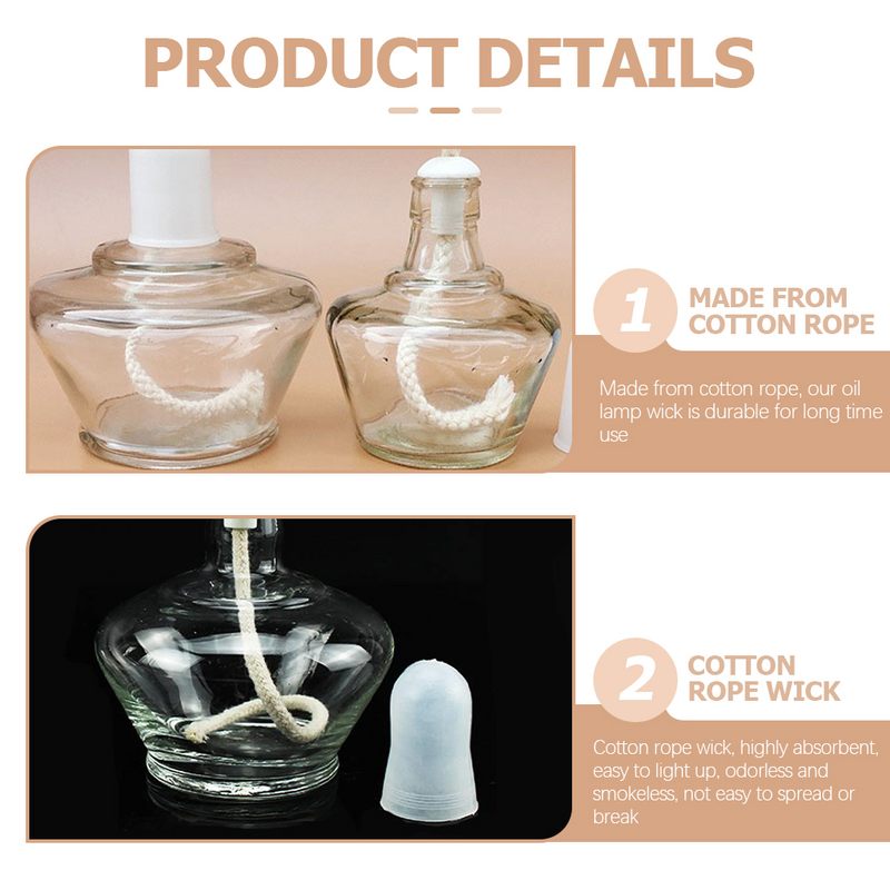 Álcool Cotton Wick Wicks Lanterna de Substituição, White Porcelain Oil Lamp, Corda Tiki Torch, 20 pcs