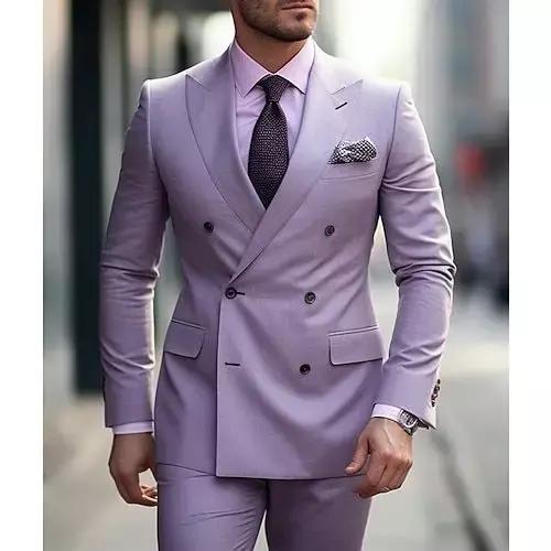 Lilac Men's Wedding Suits Solid Color 2 Pieces Plus Size Daily Tailored Fit Double Breasted 6 Buttons Business Formal Men Suits
