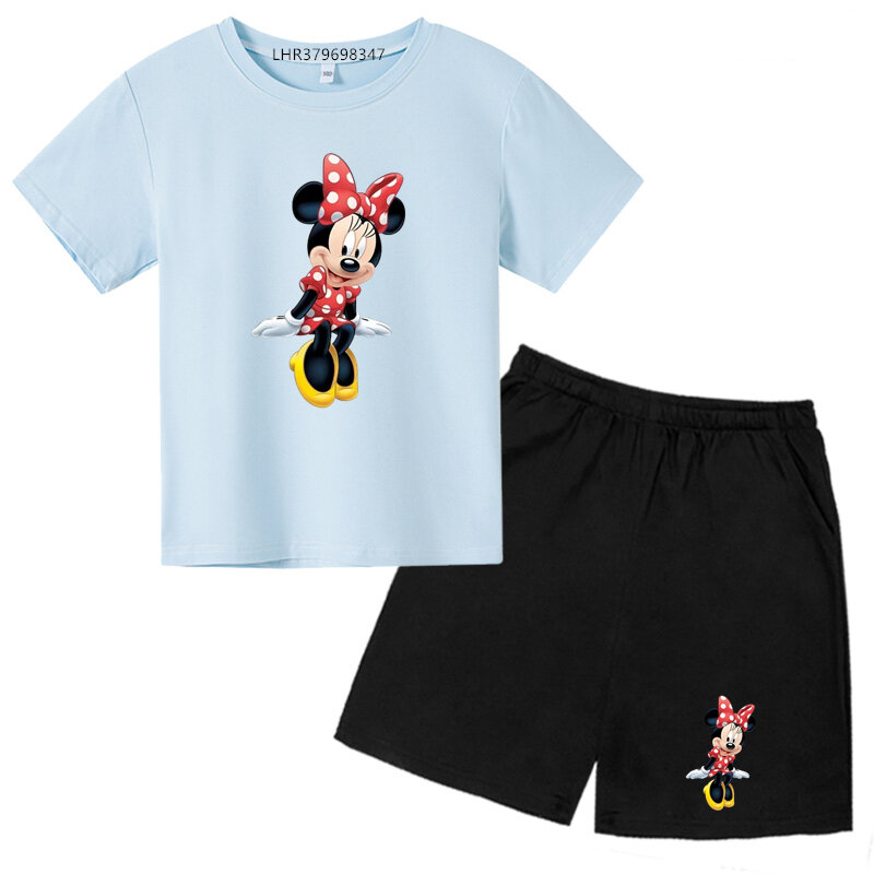Mickey Mouse Sommer Kinder Rundhals-T-Shirts Shorts Sets Eignung 2-12 Jahre Jungen Mädchen T-Shirts lässig Anime Kurzarm