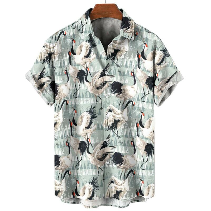 メンズ半袖ハリーアンサマーシャツ,ボタン付きラペルシャツ,ファッショナブルな夏,3D動物,中国のクレーンプリント