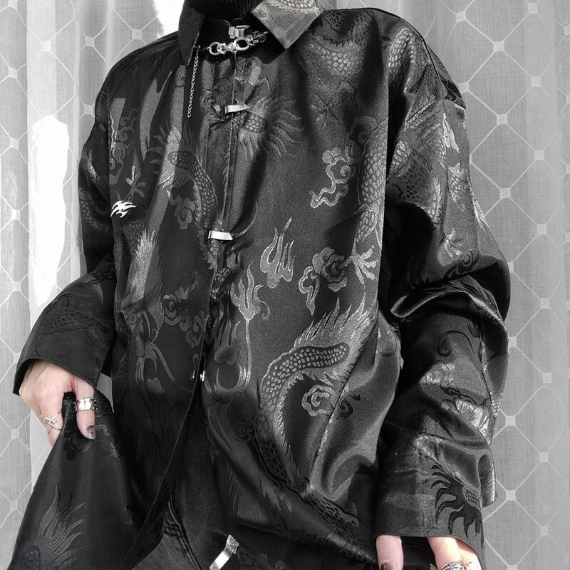 Blusa de cetim com estampa Dragon Totem masculina, camisas de manga comprida, streetwear com botões, tops estilo chinês, vintage, Harajuku, unissex