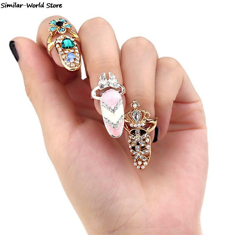 Jimat Bunga Wanita Berlian Imitasi Perlindungan Kuku Mode Perhiasan Ikatan Simpul Mahkota Cincin Kuku Kristal Jari Cincin Kuku untuk Wanita
