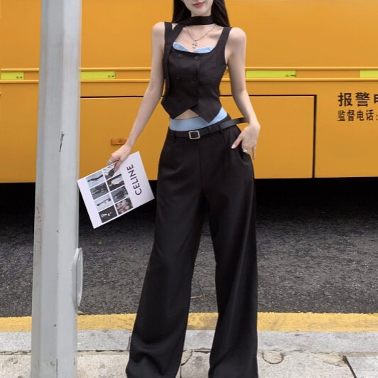 Винтажный корейский Ретро-костюм, жилет с открытой спиной и бантом + Лоскутная мини-юбка + брюки, комплект из 2 предметов, Y2k костюм