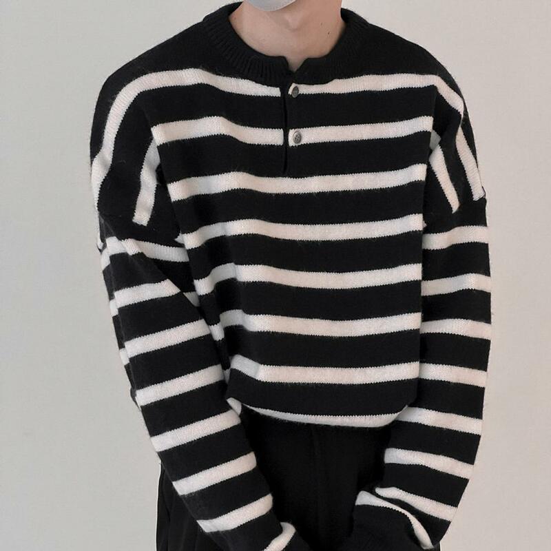 Round Neck Men Sweater Men's Striped Print Knitted Sweater with O-neckline Long Sleeves Winter Warm Pullover Casual for Autumn