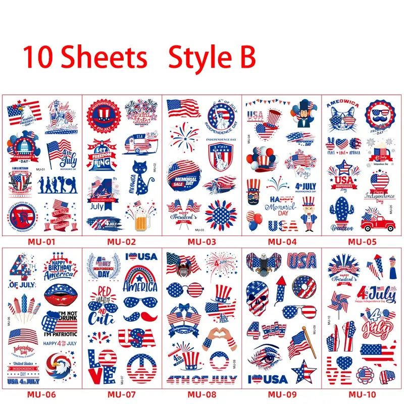 10 Sheets Independence Day USA July 4th Temporary Tattoo Stickers American Flag Tattoo for Independence Day Party Decoration