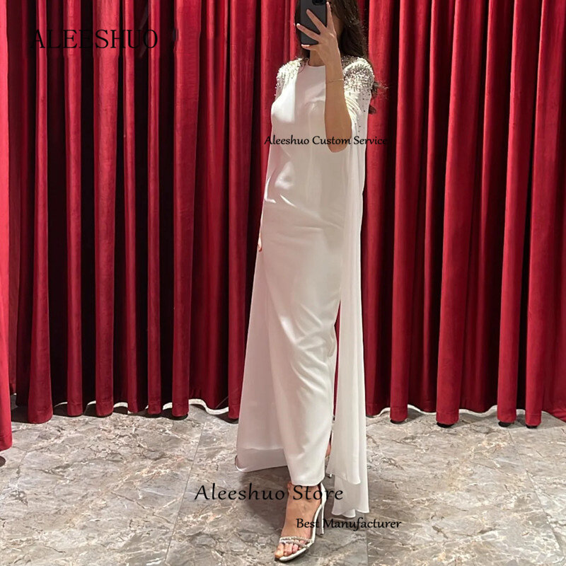 Aleeshuo Classic Arabia White Prom Dress Shiny Beaded Formal O-Neck Cap Sleeve Evening Dress Ankle-Length Tiered Party Dress