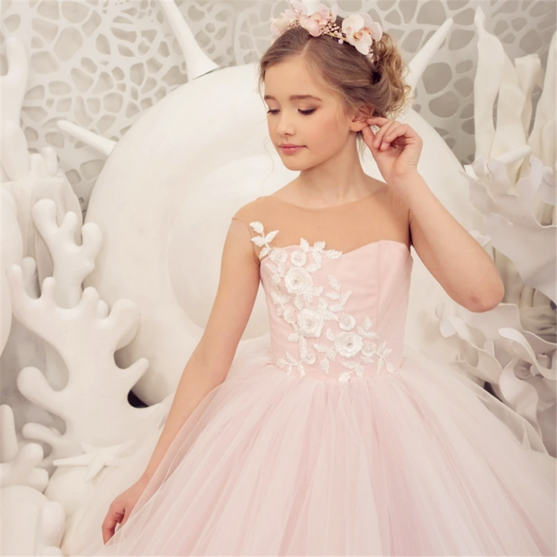 첫 성찬식 가운 라이트 핑크 플라워 걸 드레스, 얇은 명주 그물 화이트 플로리 패턴, 결혼식용 민소매, 어린이 생일 파티 선물