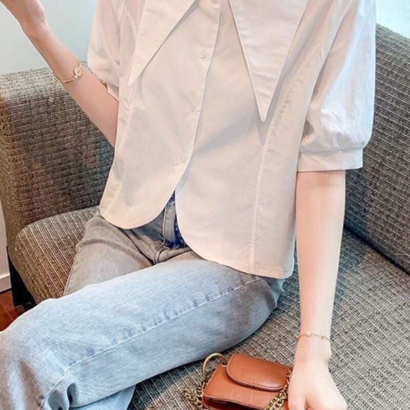 女性のための大きな先のとがった襟のシングルブレストパフスリーブ、韓国のプレッピースタイル、大きなルーズシンプル、半袖、夏