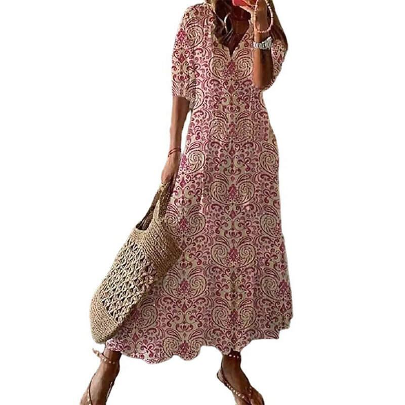 فستان شاطئ على شكل خط للنساء ، فساتين بوهيمية ، موضة أنيقة ، طباعة زهور ، نصف كم ، لحية معلقة ، أربطة ، ملابس