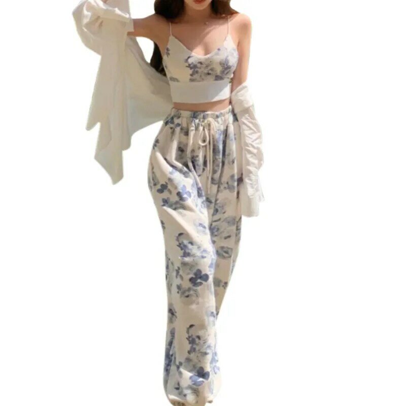 WPNAKS-Conjunto floral feminino de camisola com decote em v e calças com cordão, roupas de verão, 2 peças, 2024