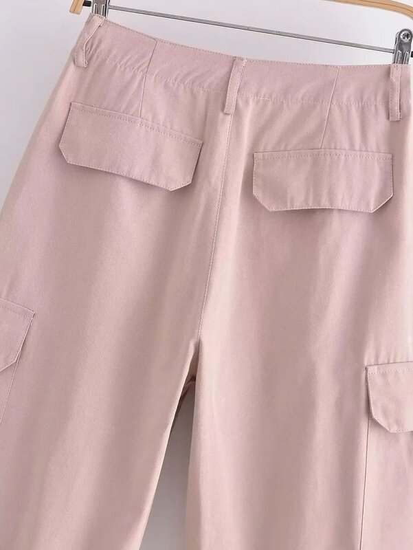 กางเกงคาร์โก้ตรงแบบลำลองสำหรับผู้หญิง2023ใหม่กางเกงวินเทจเข็มขัดเอวสูงกระเป๋าตกแต่งแฟชั่นฝาพับ