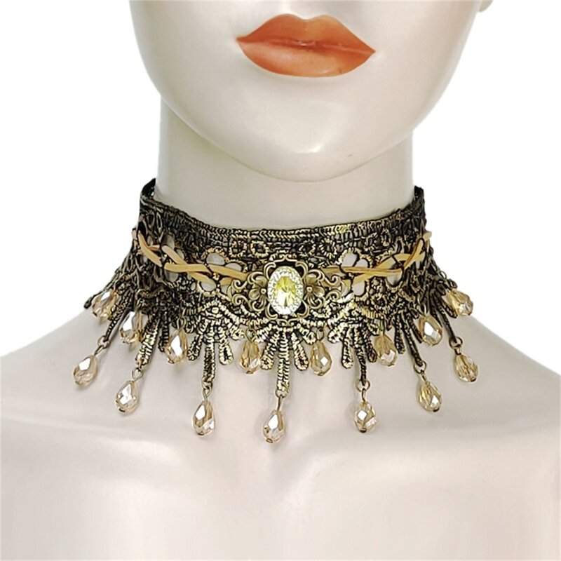 Gothic Choker Necklace Decorative Collar Chain Belt Necklace for Teens Girl Cool Tassels Lace Neckwear Lady Body Jewelry