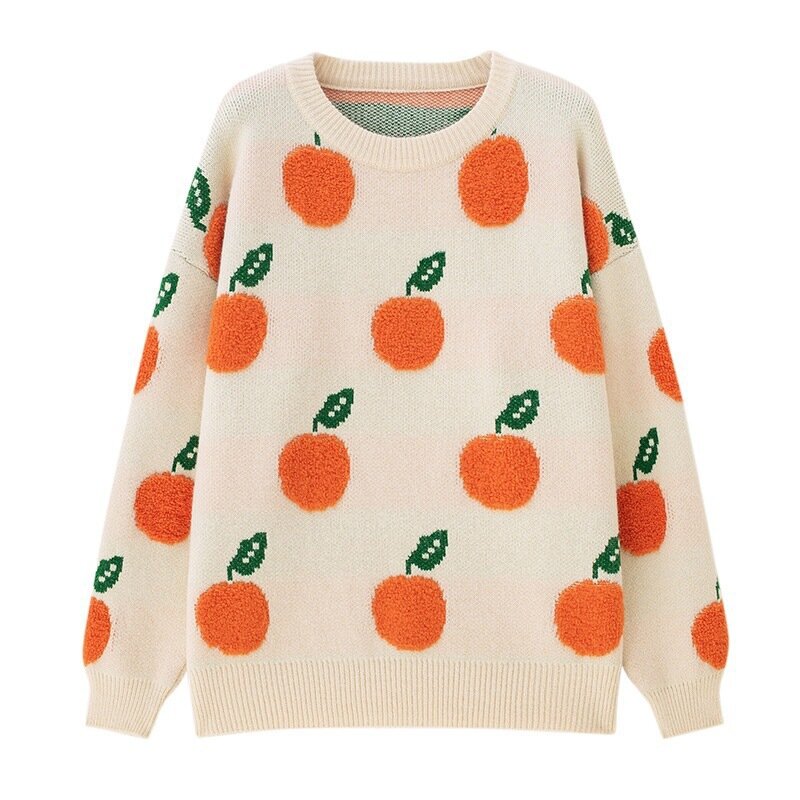 Sweater Pullover rajut untuk wanita, 2023 kasual longgar oranye berkelompok Jacquard leher bulat lengan panjang tebal