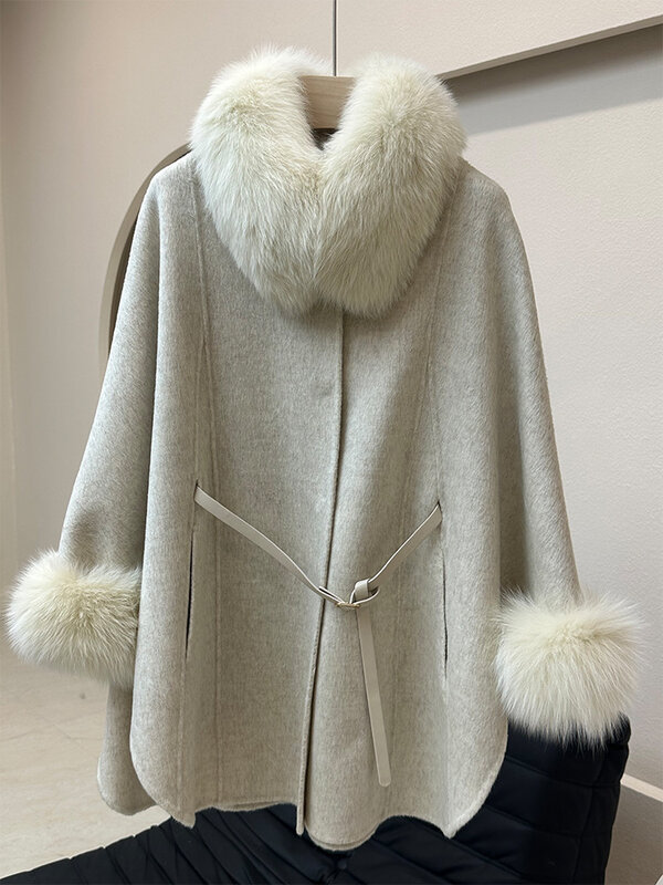 Luxury Double-sided Cashmere Poncho Blend Women Autumn Winter New Long Cloak Real Fox Fur Collar Woolen Coat