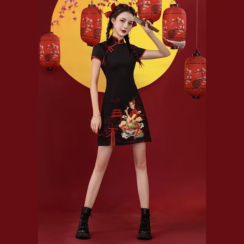 Cheongsam preto vintage feminino, cheongsam de meninas jovens, estilo chinês curto, mulheres aprendem, vestido de qipao moderno, vestido melhorado