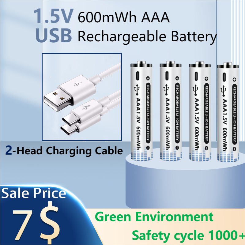 1.5V AAA USB Rechargeable Batteries 600mWh Li-ion Battery For Remote Control Mouse Electric Toy Battery+ Type-C Cable