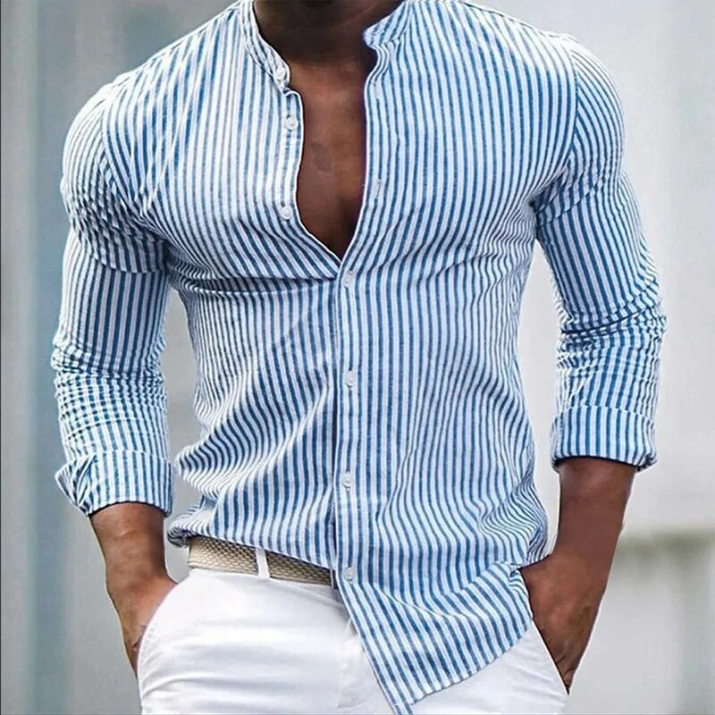 Camisa estampada listrada simples masculina, tops casuais masculinos, gola em pé na moda, manga longa, camisas finas, primavera e outono