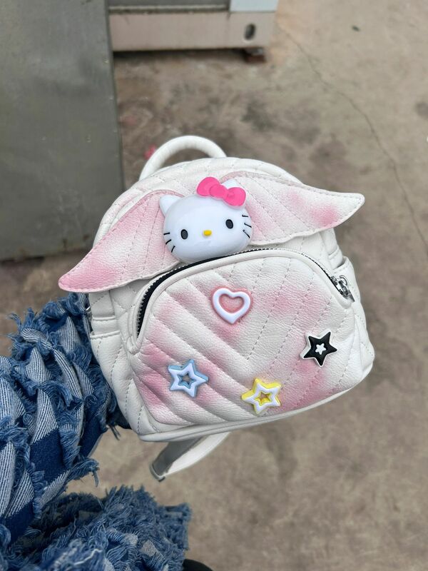 Hello Kitty tas ransel bordir wanita, ransel perjalanan kapasitas besar Y2k, kartun modis dan lucu estetika bordir ikat celup untuk anak perempuan